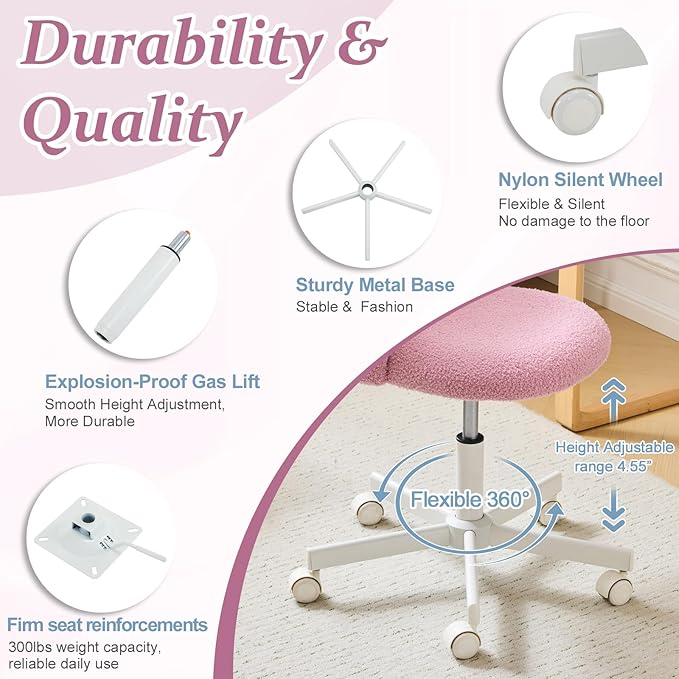 VINGLI Candy Chair Armless Cute Desk Chair,Comfy Small Office Chair with Wheels,Vanity Chair Lumbar Support,Teddy Adjustable Rolling Swivel Computer Task Chair for Home Office,Bedroom,Lilac Purple