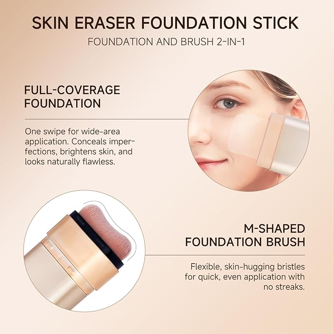 Foundation Stick Waterproof Natural Nude Makeup, Full Coverage Korean Makeup Skin Tint With Brush for All Skin(NATURAL BEIGE,0.7 Oz / 20g)