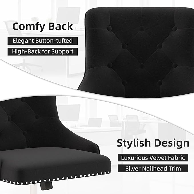Westice Velvet Desk Chairs, Upholstered Swivel Comfy Makeup Vanity Chair with Tufted Back, Gold Metal Base & Wheels, Height Adjustable Chair for Girls, Bedroom Living Room, Black