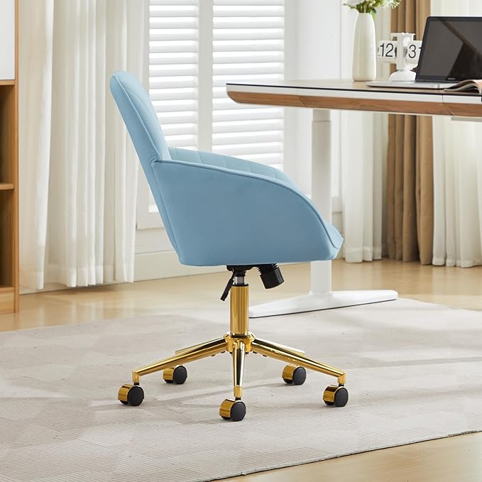 YITAI Velvet Office Desk Armchairs with Gold Base and Wheels,Modern Height Adjustable 360 Degree Swivel Upholstered Vanity Chairs for Living/Room Bedroom/Study,Light Blue