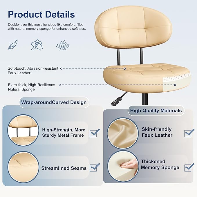 Misolant Vanity Chair with back, Small Armless Cute office Chair with wheels and Lumbar support, Comfy PU Leather Desk Computer Chairs with Adjustable Height, 360°Swivel for Home Bedroom Office, Khaki