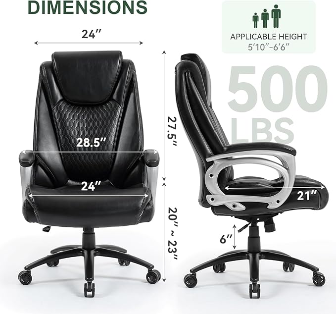 Vogue Furniture Direct Big and Tall Office Chair 500lbs, Heavy Duty High Back PU Leather Desk Chair, Adjustable Height Rolling Wheels Computer Chair for Home Office Work (Black)