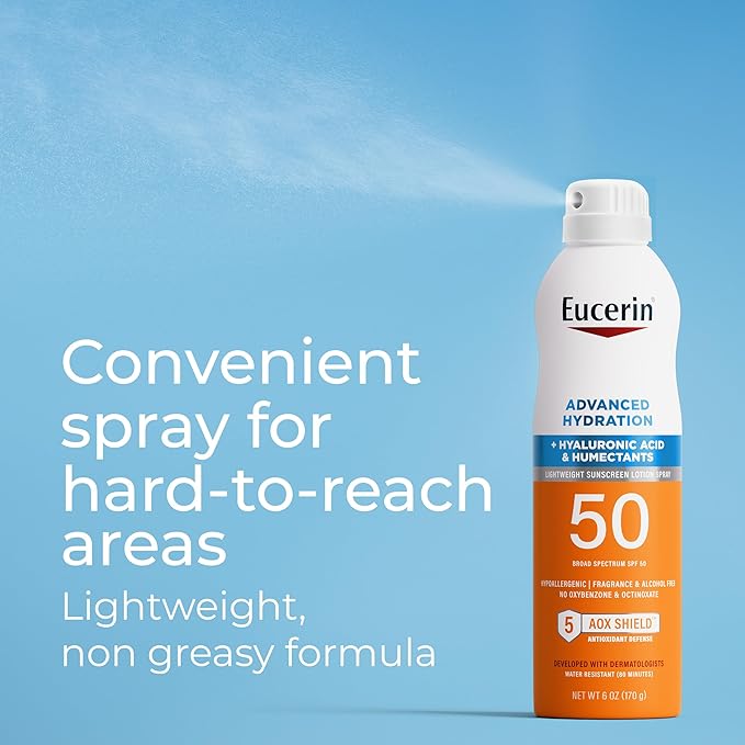 Eucerin Advanced Hydration SPF 50 Sunscreen Spray, Lightweight Spray Sunscreen with Hyaluronic Acid and Humectants, Hypoallergenic, Fragrance and Alcohol Free, 6 Oz Bottle