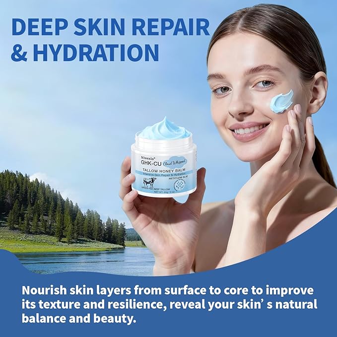 Copper Peptides GHK-Cu Whipped Beef Tallow for Skin, Grass Fed Beef Tallow and Honey Balm for Face & Body, with Methylene Blue Anti-Aging Moisturizer, Suitable for All Skin Types, 2 Oz