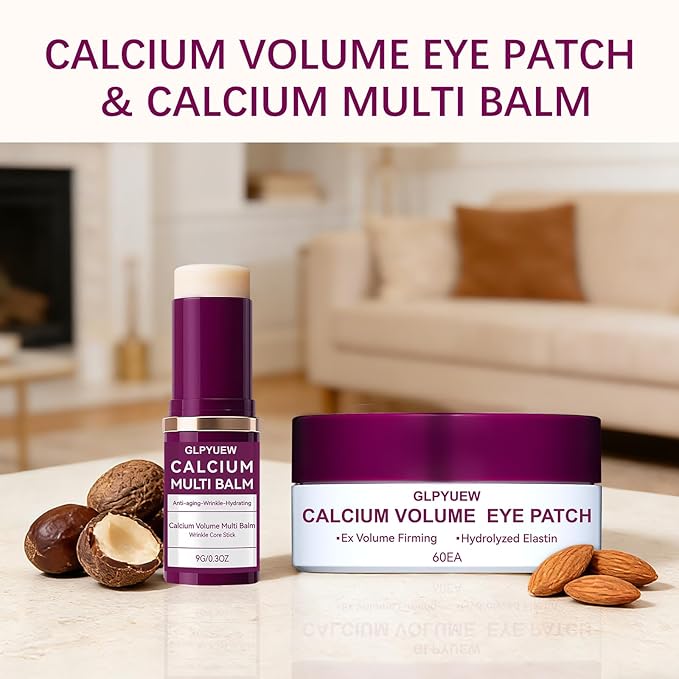 Calcium Multi Balm Stick & 60 Hydrogel Under Eye Patches (30 Pairs),Dual-Effect Eye Care Set for Deep Hydration & Smoothing Fine Lines,Gentle,Skin-Friendly (Pack of 1)