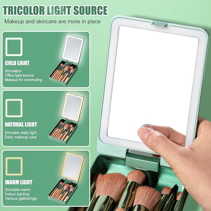 BS-MALL Travel Makeup Brush Set – 14 Pcs Foundation Powder Concealers Eye Shadows with LED Light Mirror, Green