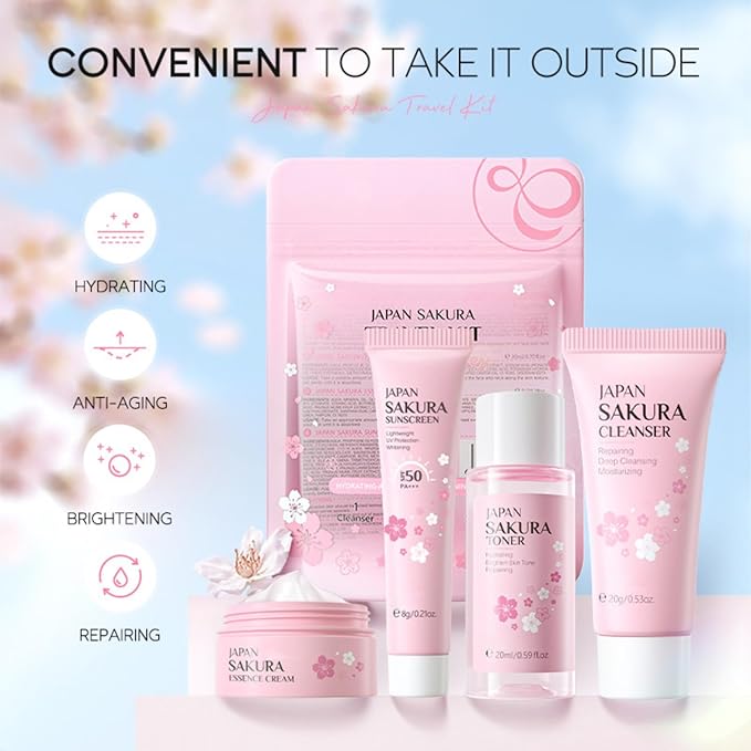 Skin Care Sets for Teenage Girls, Sakura Skin Care Sets & Kits Women Beauty Gift Set with Cleanser, Mud Mask, Toner, Serum, Eye Cream, Facial Cream, and Sunscreen, Birthday Gift for Women and Girls