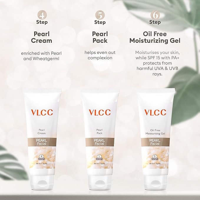 VLCC Pearl Facial Kit with 7 Skin Care Products - Cleanser with Toner, Face Cream, Face Scrub, Gels, Mask, Rosewater Toner - 7 pc