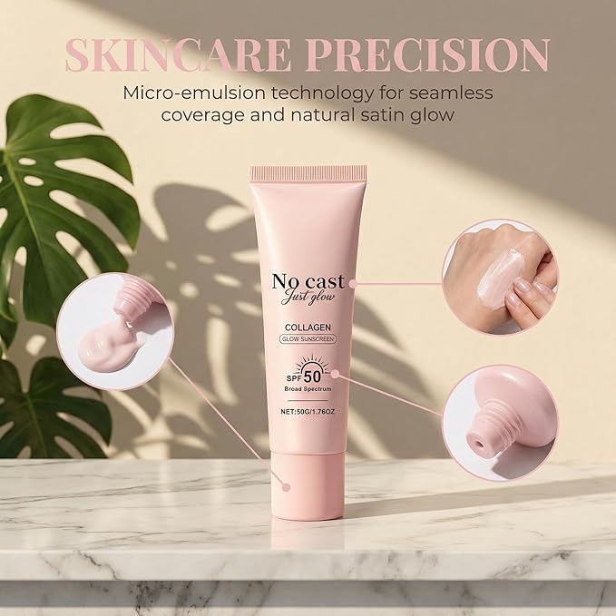 No Cast Just Glow Collagen Sunscreen | SPF 50 Broad Spectrum Face Sunscreen | Lightweight, Non-Sticky, Hydrating Formula | No White Cast or Residue | Peptide, Cica for Soothing & Natural Glow (1PC)