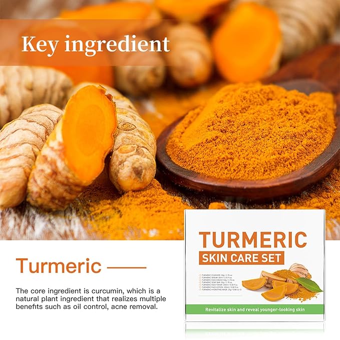 Turmeric Skin Care Set, 9 Pcs Turmeric Skin Care Kit with 3 Sheet Masks, Soap Bar, Face Wash, Toner, Serum, Face Moisturizer Cream, Face Lotion, Reduce Acne, Christmas Gifts for Women Girls