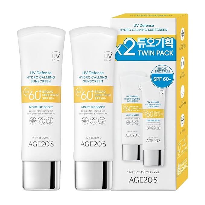 AGE20'S UV Defense Hydro Calming Sunscreen SPF 60+ | Korean Sunscreen | Moisturizing Creamy Formula, No White Cast, Lightweight Finish | Green Tea + Aloe Vera | Dermatest Excellent | 1.69 fl.oz*2 | UV Defense, Hydro Calming, Korean Sunscreen, No White ...