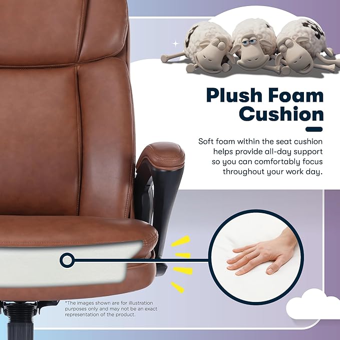 Serta Fairbanks Big & Tall Executive Office Chair, Ergonomic High-Back with Lumbar Support, Semi-Plush Seat Cushion and Body Pillows, Padded Armrests, Nylon Swivel Base, Bonded Leather, Cognac Brown