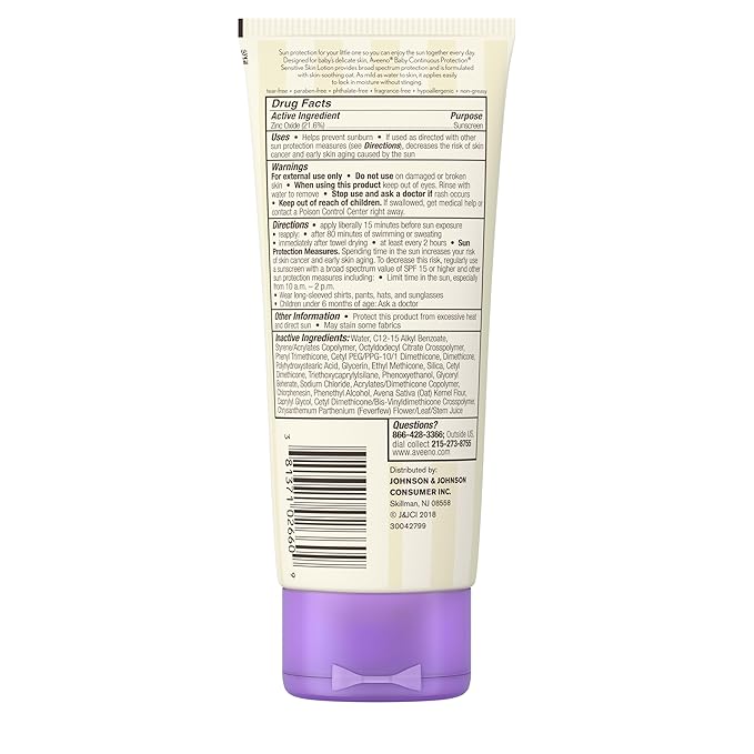 Aveeno Baby Continuous Protection Zinc Oxide Mineral Sunscreen Lotion for Sensitive Skin, Broad Spectrum SPF 50, Tear-Free, Sweat- & Water-Resistant, Paraben-Free, Non-Greasy, 7 fl. oz
