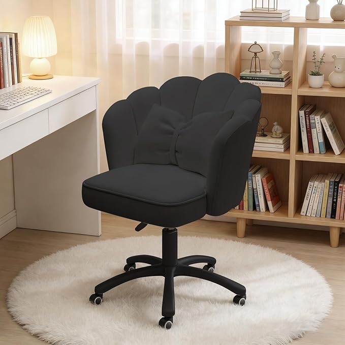 Home Office Desk Chair Swivel Rolling Vanity Chair with Silent Wheels and Comfortable Back, Adjustable Height Upholstered Computer Task Chair for Makeup, Bedroom