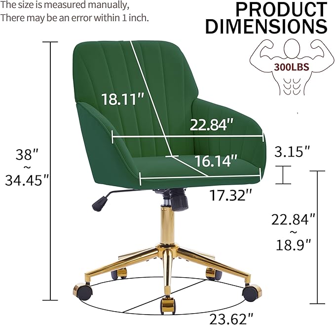 YITAI Velvet Office Desk Chair with Wheels and Gold Base,Modern Height Adjustable 360 Degree Swivel Upholstered Vanity Chairs with Arms for Living Room Bedroom, Study,Green