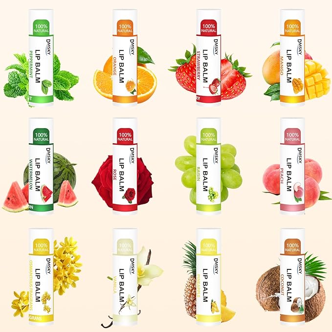 DMSKY 24 Pack Lip Balm, Natural Moisturizing Lip Balm Bulk with Vitamin E and Coconut Oil for Chapped Lips, 12 Flavors