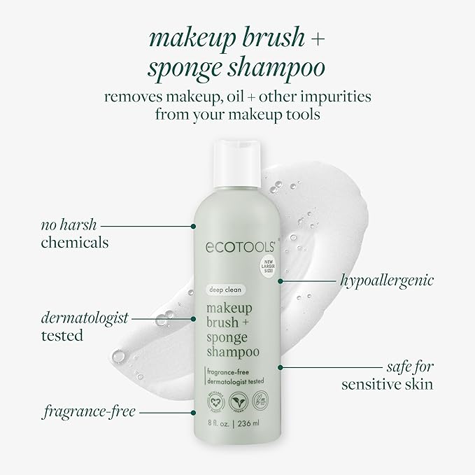 EcoTools XL Makeup Brush Sponge Shampoo, Removes Dirt, & Impurities From Makeup Brushes & Blending Sponges, Fragrance-Free, Vegan,&Cruelty-Free 16 fl. oz./473 ml, Clear(Pack of 2)