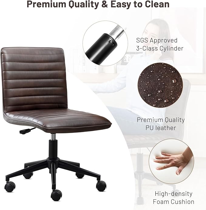 Furniliving PU Leather Office Desk Chair, Armless Vanity Chair with Wheels 360° Swivel Mid Back Height Adjustable, Computer Rolling Chairs with Gold Metal Base Stool, Black Brown
