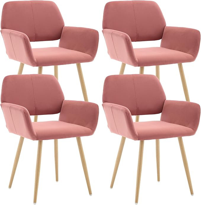 KCC Small Modern Dining Room Arm Chairs Set of 4, Mid-Century Upholstered Velvet Side Seat Club Guest with Metal Tube Legs for Kitchen, Living Room, Rose