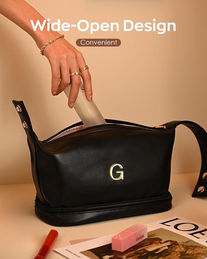 Girly Gifts, Makeup Bags Personalized Bags with Handle, Waterproof Double Layer Cosmetic Bag, Large Capacity PU Leather Makeup Bags Letter Travel Toiletry Bag with Makeup Brush Organizer