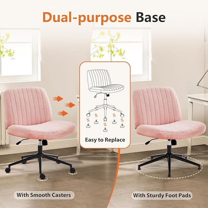 Sweetcrispy Criss Cross Chair Legged with Wheel, Armless Office Swivel Desk Chair with Wheel, Vanity Height Adjustable Wide Seat Comfy Cute Computer Task Seating for Home Bedroom