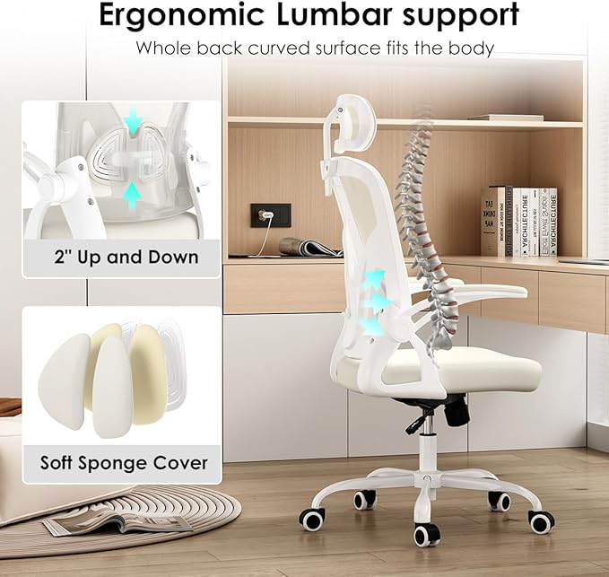 Farini Ergonomic Office Chair, Home Office Desk Chair with Headrest, High Back Swivel Computer Chair with Armrests and Adjustable Lumbar Support for Home Office Study Room, White & Beige