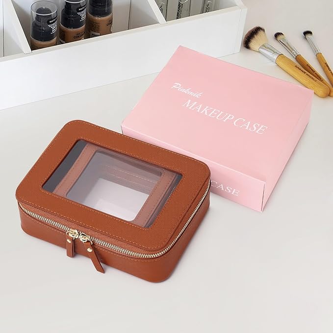Pinkmik Clear Makeup Bag Waterproof Travel Case for Cosmetics and Toiletries Women's Purse Organizer and Clear Car Bag with Zipper (X/Brown, M+MINI)