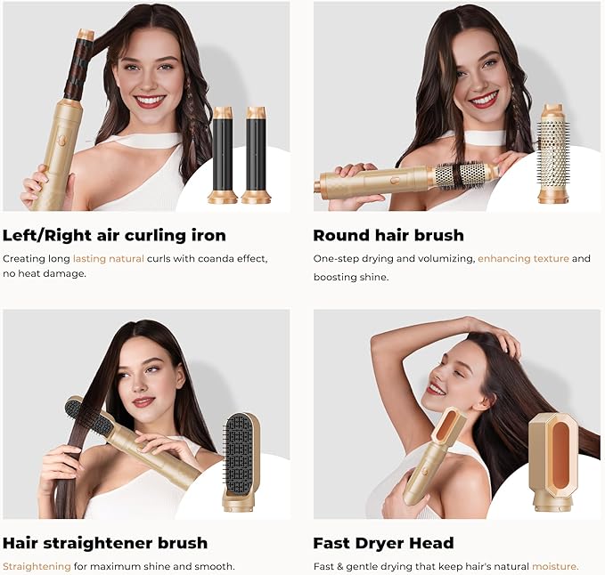 5 in ONE Blow Dryer Brush, Curling Wand Hair Styling Tools Set, Ionic Hot Air Hair Dryer, Massage Oval Hair Dryer, Left&Right Hair Curlers 100-120V