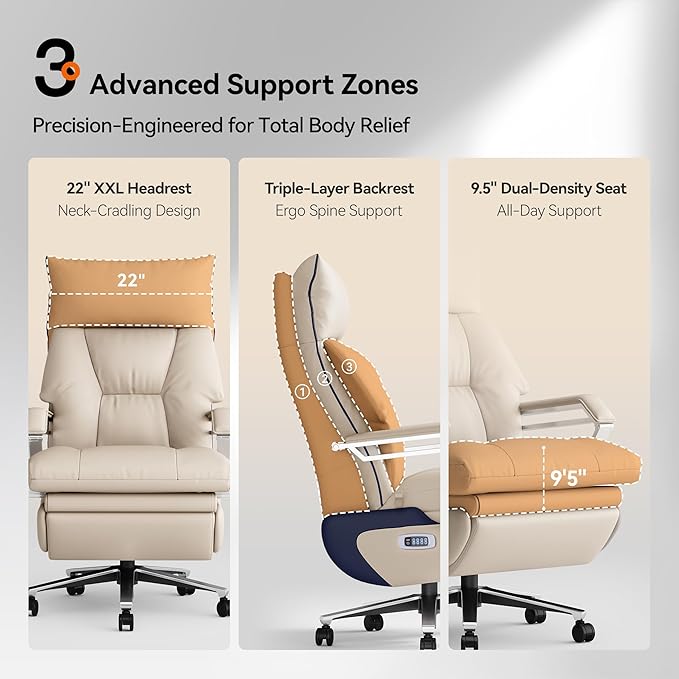 M80A Dual Motor Electric Executive Office Chair with Footrest, Comfortable Reclining Office Chair Wide Seat, Big and Tall Ergonomic Leather Home Office Desk Chair (Beige,Multi-Functionality)