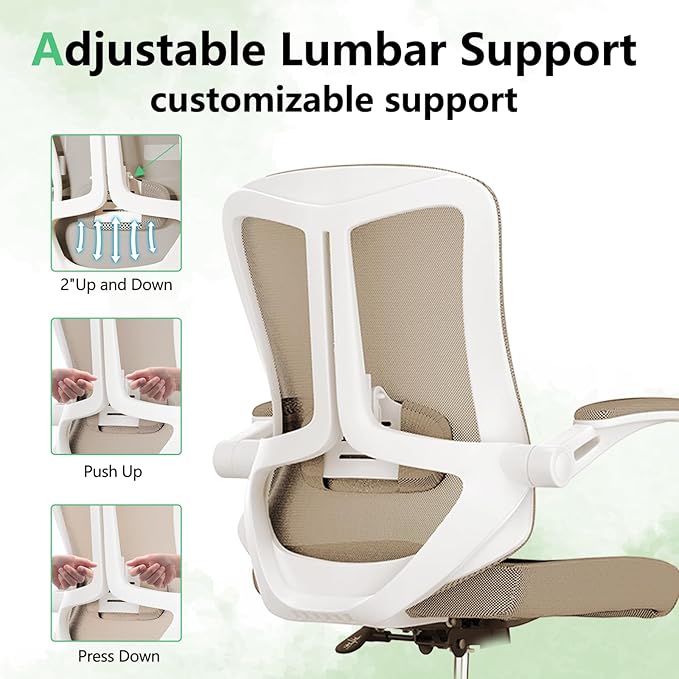 Ergonomic Office Chair with Lumbar Support, High Back Mesh Desk Chair with Flip-Up Arms, Adjustable Computer Task Chair, Khaki