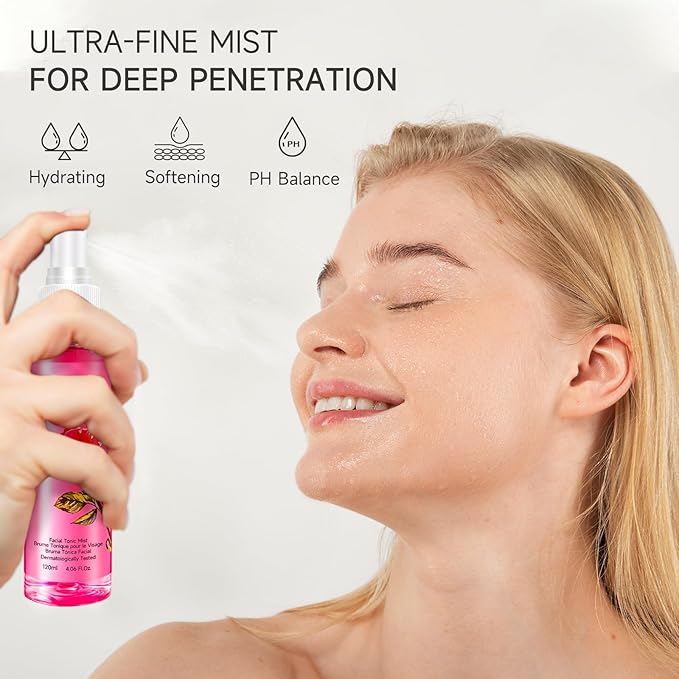 BIOCHEM Rosa Vita Tonic Mist – 3-in-1 Rose Water Toner, Face Mist & Makeup Finishing Spray with Rose Oil & Vitamins B |  Hydrating & pH Balancing Mist for All Skin Types (4.05 fl oz / 120 mL)