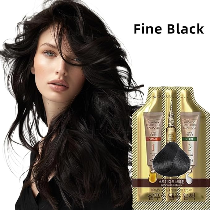 Instant Hair Dye Shampoo Ampoule, Permanent Hair Color Dye - Paraben-Free, 5-Minute Easy and Fast Coloring, Gray Cover Hair Dye with Keratin & Collagen, Made in Korea (Fine Black)