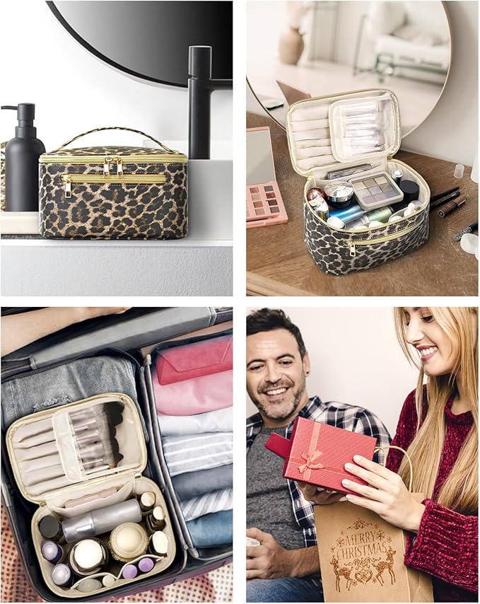 Wandering Nature Makeup Bag, Travel Make Up Organizer Cosmetic Brush Bags Case for Women in Vegan Leather, Leopard Print, Patent Pending
