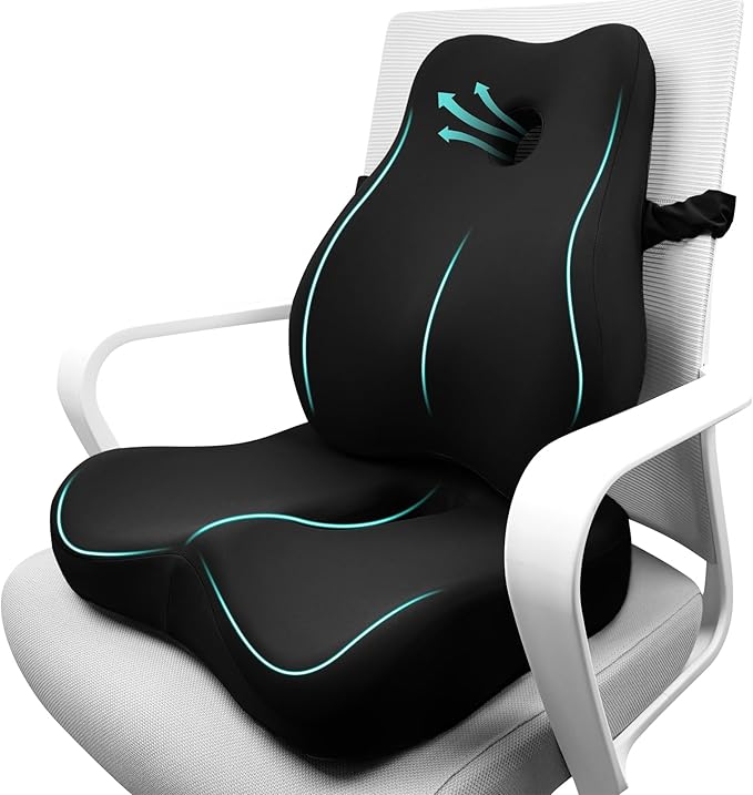 Seat Cushion & Lumbar Support Pillow Set for Office Chair, Ergonomic Pillow for Sciatica Pain Relief, Memory Foam Back Support Pillow & Chair Cushion for Car seat, Desk Chair (Black)