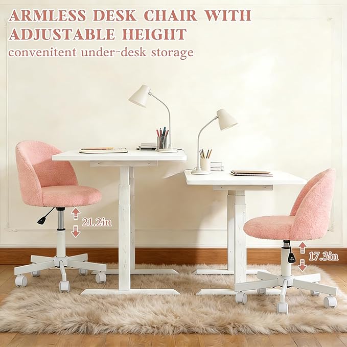 WAYTRIM Pink Vanity Chair with Wheels - Swivel Makeup Chair Small Computer Chair with Back Adjustable Height Desk Chair for Girl & Woman, Cozy Fuzzy Velvet Chair for Bedroom & Home Office