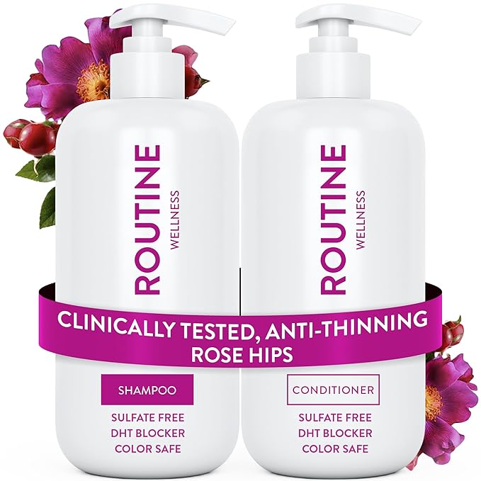 Routine Wellness Anti-Thinning Shampoo and Conditioner Set for Thinning Hair - Biotin DHT Blocker Women & Men - Color Safe Shampoo for Hair Loss & Healthier Hair - Rose Hips (Pack of 2)
