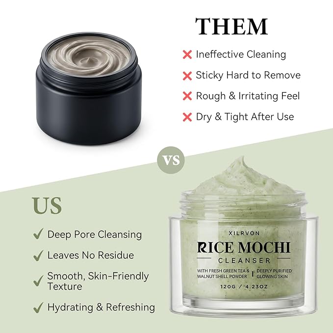 Rice Mochi Face Cleanser, All in One for Face Wash & Mask, Deep Cleansing Moisturizing, Blackhead Remover, Sebum Control, with Rice Water, Green Tea & Walnut Shell Powder, 4.23 OZ