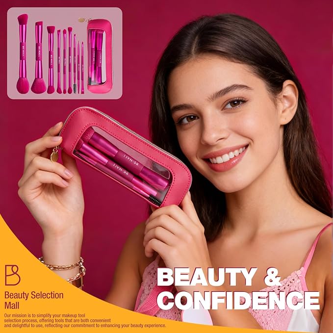 BS-MALL Double-ended Makeup Brush Set With Concealer Brush & Foundation Brush, Eyeshadow Brush- Travel-friendly Multi-purpose Brushes In Makeup Bag For Daily Use (9 PCS Hot Pink)
