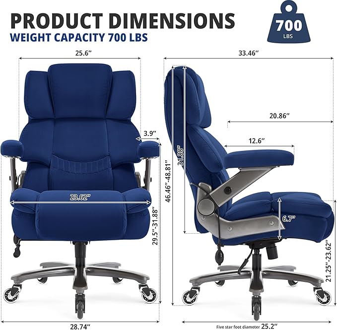Fabric 700lbs Big and Tall Office Chair-Large Computer Chair with Adjustable Lumbar Support 3D Flip Arms Plus Size Wheels, High Back Executive Desk Chair, Heavy Duty Metal Base, Thick Padded Wide Seat