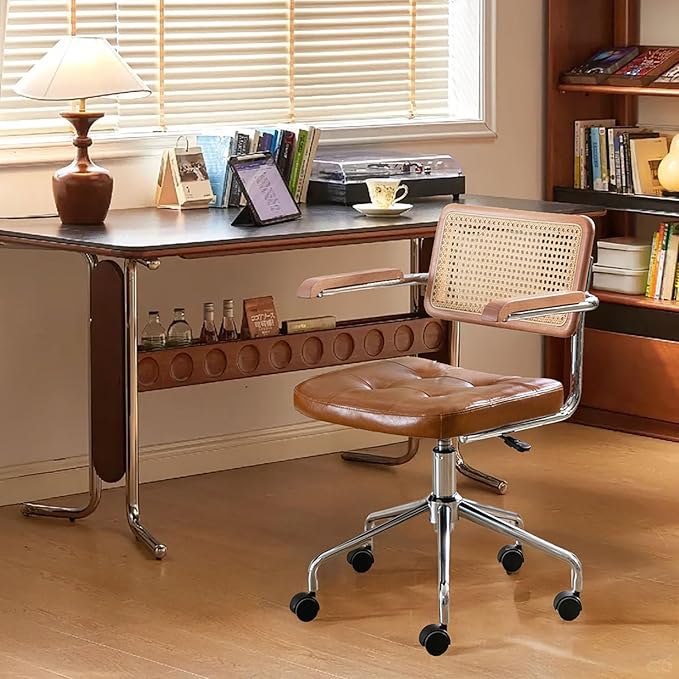 Zesthouse Leather Office Desk Chair with Wheels, Mid Century Rolling Desk Chair with Wood Arm & Natural Rattan Back, Modern Swivel Home Office Chair, Small Height Adjustable Computer Task Chair, Brown