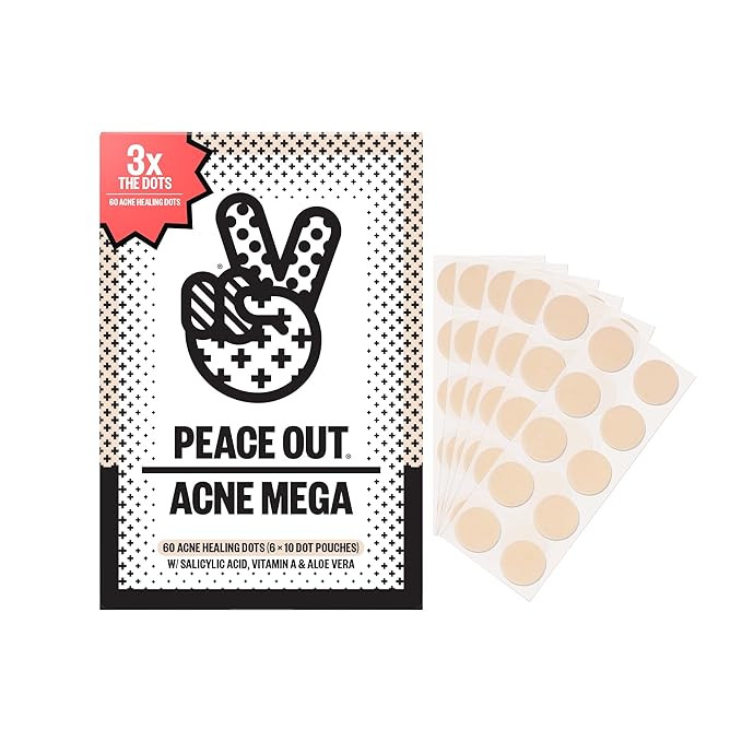 PEACE OUT Acne Healing Dots Hydrocolloid Pimple Patches, Acne Spot Patches with Salicylic Acid, Retinol, and Aloe Vera for Blemishes and Breakouts, 60 Count