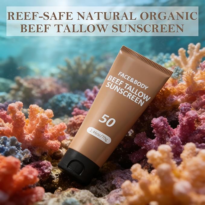 Beef Tallow Sunscreen for Face, Natural Reef Safe Sunblock for Face Body, Non Greasy Clean Travel Sun Screen Sunblock for Sunmmer Beach Outdoor Travel, 2.46 OZ