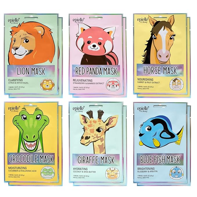 Epielle Character Face Mask Wild Kingdom 12 Pack, Fun & Effective Korean Skin Care, Spa Party Favors, Easter Basket Stuffers, Birthday Gifts for Women, Self Care Gifts