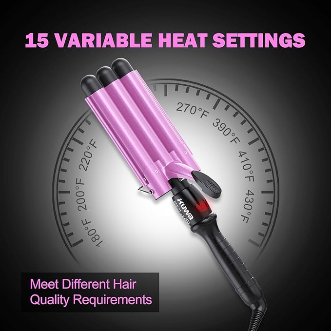 kuwa 15 Variable Temperature Crimper Hair Tool,3 Barrel Curling Iron,Hair Crimper for Women,WaverHair Tool,Hair Waver with LCD Temperature Display
