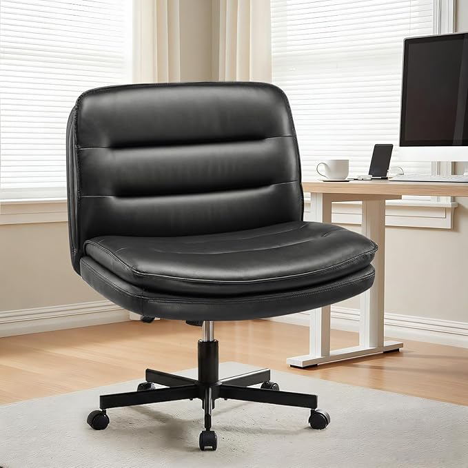 GTPLAYER Cross Legged Office Chair, Armless Desk Chair Cute Vanity Chair with Wheels Computer Chair Comfy Wide Office Chair Adjustable Swivel for Home Computer Task, Pu Light Black