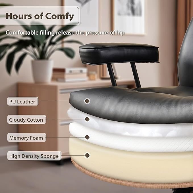 HOOOWOOO Ergonomic Office Chair,Mid Century Modern Computer Desk Chair,Comfy Executive Chair with Extra Wide Tufted Cloudy Seat Lumbar Support High Reclining Back,PU Faux Leather Black