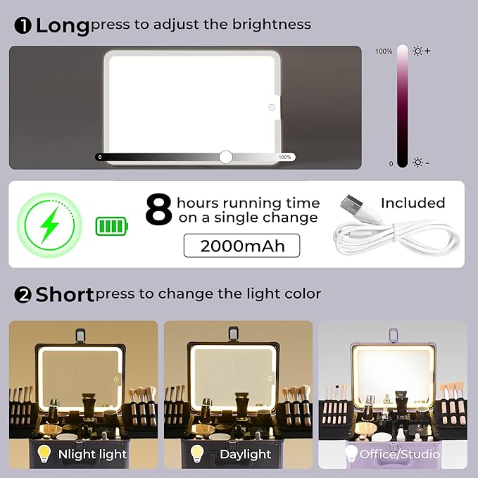 Makeup Case with Lighted Mirror, Makeup Box Organizer with Detachable LED Mirror, Travel Makeup Train Case, Waterproof Cosmetic Organizer, Standing Brush Holder, Gift, Purple