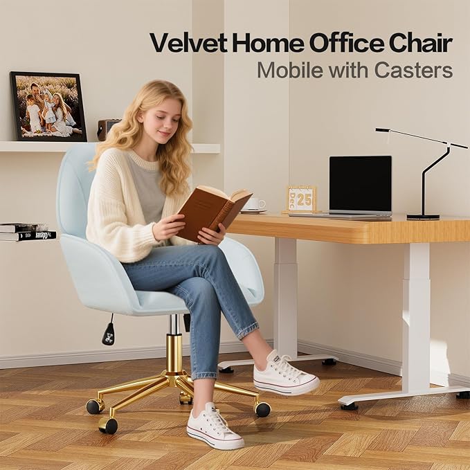 Home Office Desk Chair Comfy with Adjustable Swivel Wheels, Modern Velvet Makeup Vanity Chair with Back & Pillow, Ergonomic Office Chair Computer Task Chair for Living Room, Bedroom, Blue