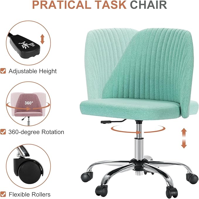 DUMOS Office Chair, Comfy Desk Chair Rolling Vanity Swivel Task Chairs with Wheels, Wide Seating Armless Height Adjustable Computer Chairs for Home,Bedroom,Student,Adults, Aqua