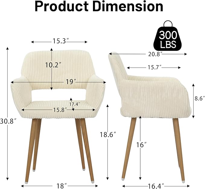 KCC Small Modern Dining Room Arm Chairs Set of 4, Mid-Century Upholstered Corduroy Fabric Side Seat Club Guest with Metal Tube Legs for Kitchen, Living Room, Beige